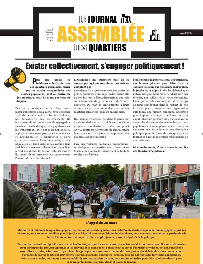 Une du premier numéro du Journal de l'Assemblée des Quartiers, avril 2024