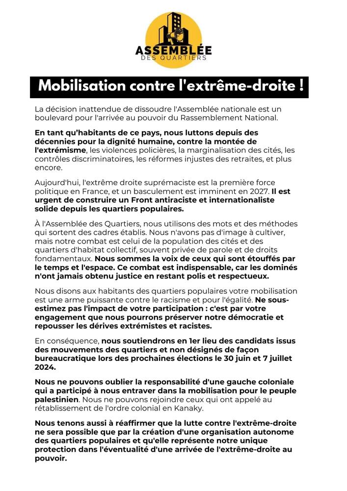 Communiqué « Mobilisation contre l'extrême droite », juin 2024
