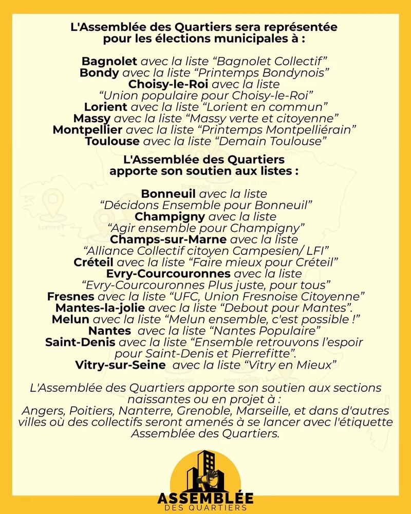Liste des villes où l'Assemblée des Quartiers est présente ou soutient une liste