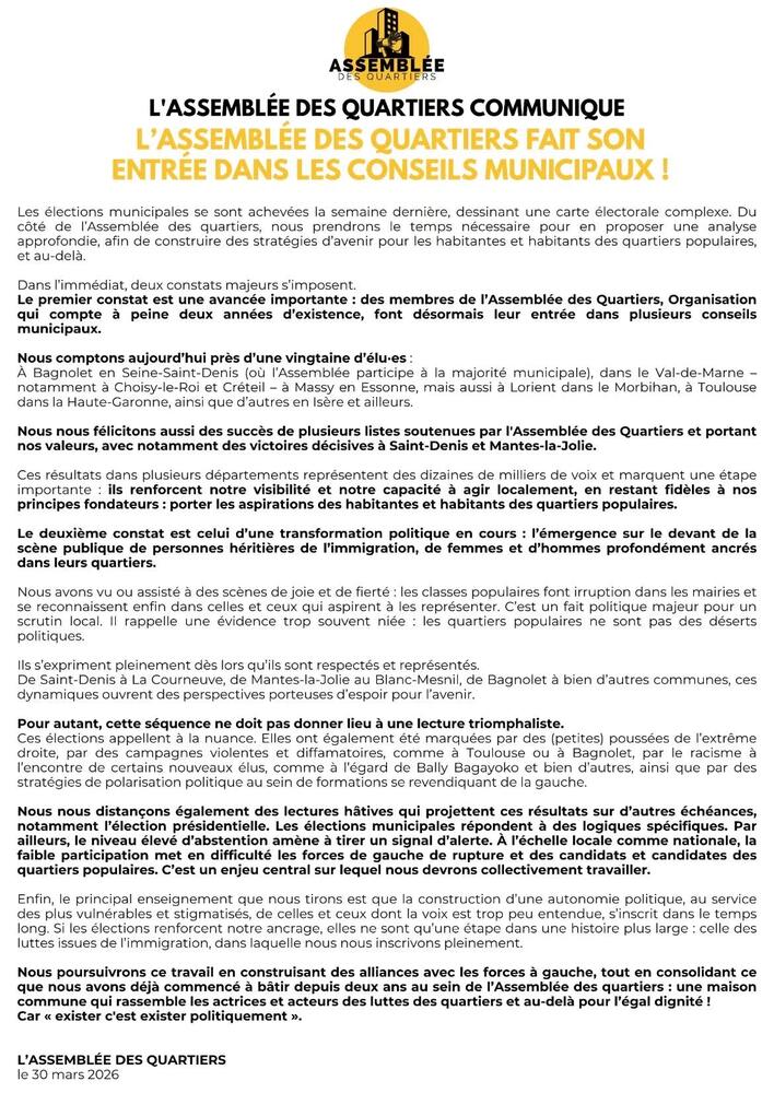 Communiqué « L'Assemblée des Quartiers fait son entrée dans les conseils municipaux »